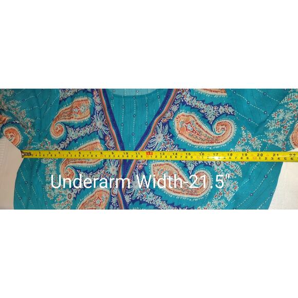 Chicos Caftan Sheer Top Womens Large Turquoise Beaded Boho Flowy Hi Low Shimmery - Picture 13 of 16
